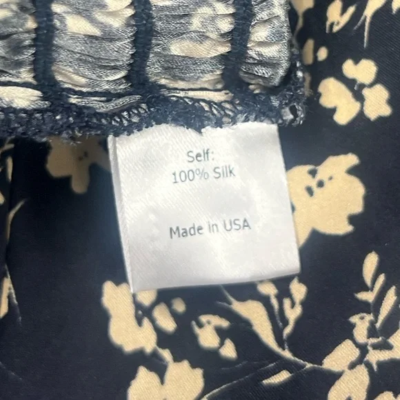 La Ligne Eloise Square Neck Balloon Sleeve Floral Print Silk Top Navy/Tan Size S